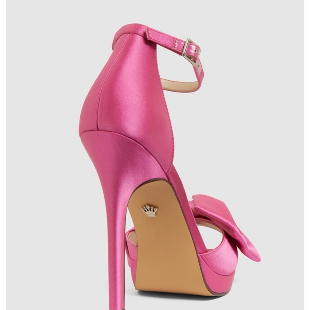 Nina Hot Pink Satin Ankle-Strap Platform Heel with Bow Accent - Picture 3 of 4